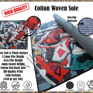May include: A colorful rug with a design of sneakers. The rug has a cotton woven sole and a non-slip back. The rug is 1.5 mm thick and weighs 1450 grams per square meter.