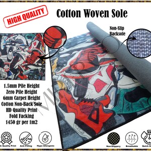 May include: A colorful rug with a design of sneakers. The rug has a cotton woven sole and a non-slip back. The rug is 1.5 mm pile height, zero pile height, and 6 mm carpet height. The rug is made with a high-quality print and is 1450 grams per square meter.