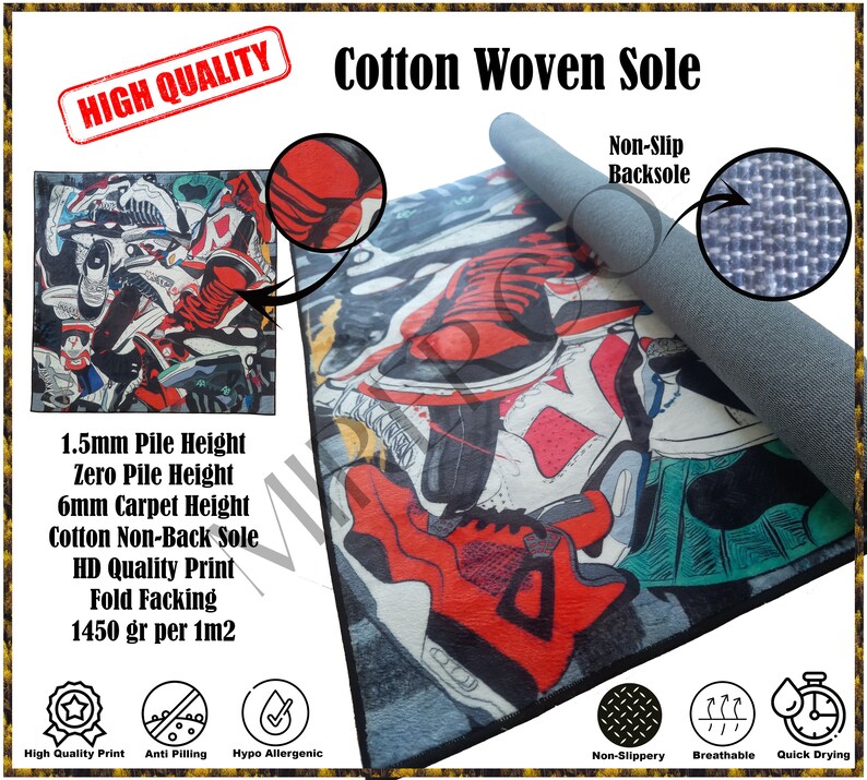 May include: A colorful rug with a design of sneakers. The rug has a cotton woven sole and a non-slip back. The rug is 1.5 mm pile height, zero pile height, and 6 mm carpet height. The rug is made with a high-quality print and is 1450 grams per square meter.