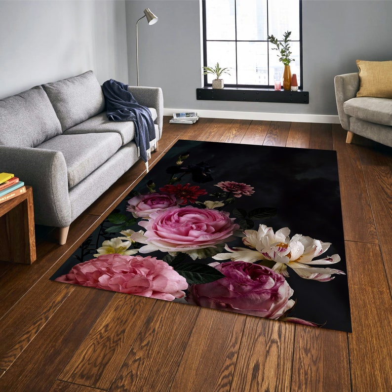 Black Pink and White Area Rugs, Vintage Floral Rug, Black and Pink Rugs
