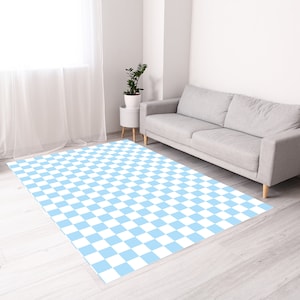 Baby Blue Checkered Rug, Groovy Rug, Retro Danish Pastel Area Rug, Checkered Decor Area Rug, 70s Checkerboard Rug, College Dorm Decor