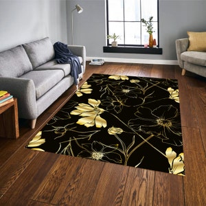 Black And Gold Rug, Black Floral Rug, Floral Accent Rug, Black Area Rug, Black And Gold Area Rug, Customized Rug Black And Gold