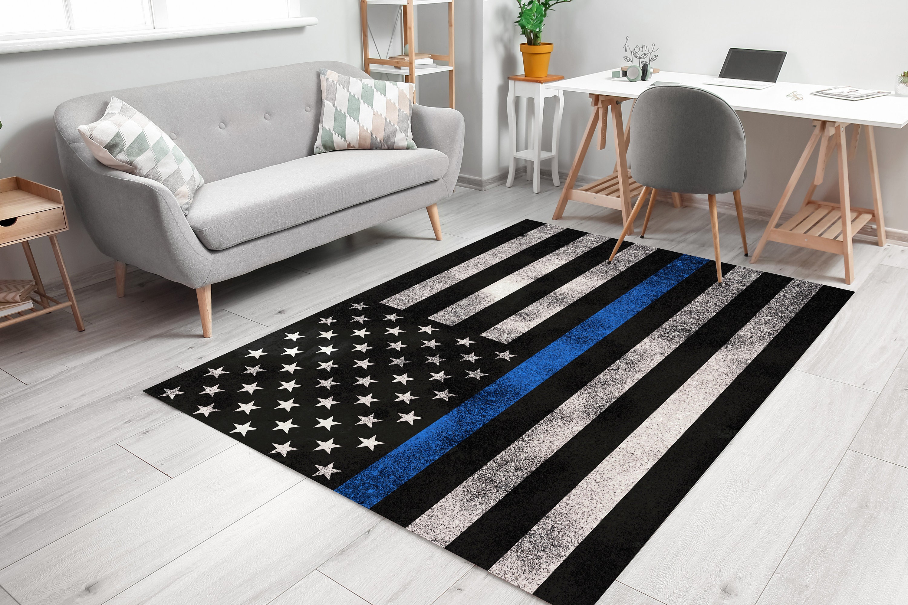 Police Support USA Flag Area Rug, Police Rugs, Black White and Blue ...