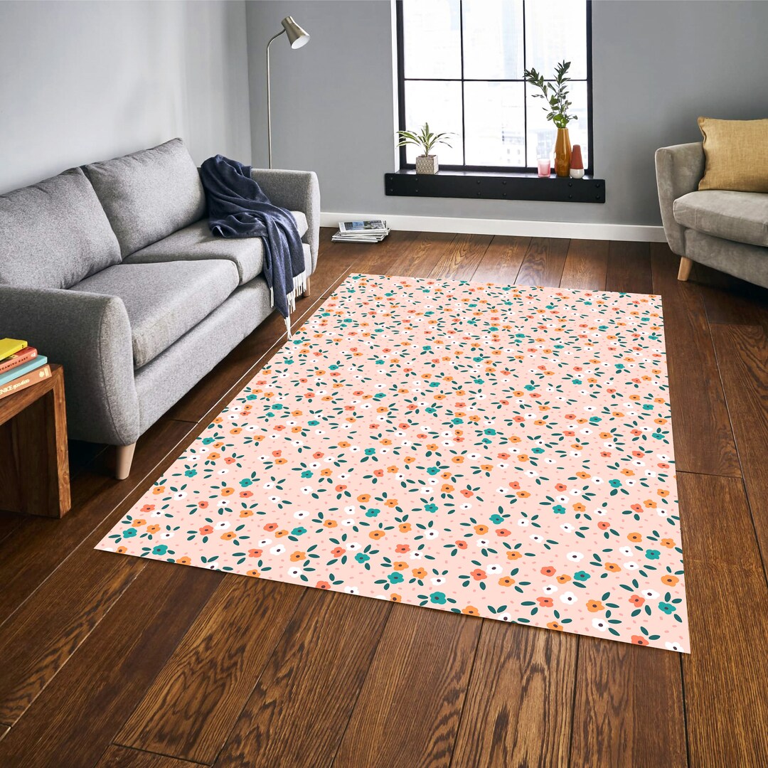 Pink Flowr Rug Pattern Pink Floral Area Rugs, Pastel Pink Flower Vines Rug, Leaf Print Rug ...
