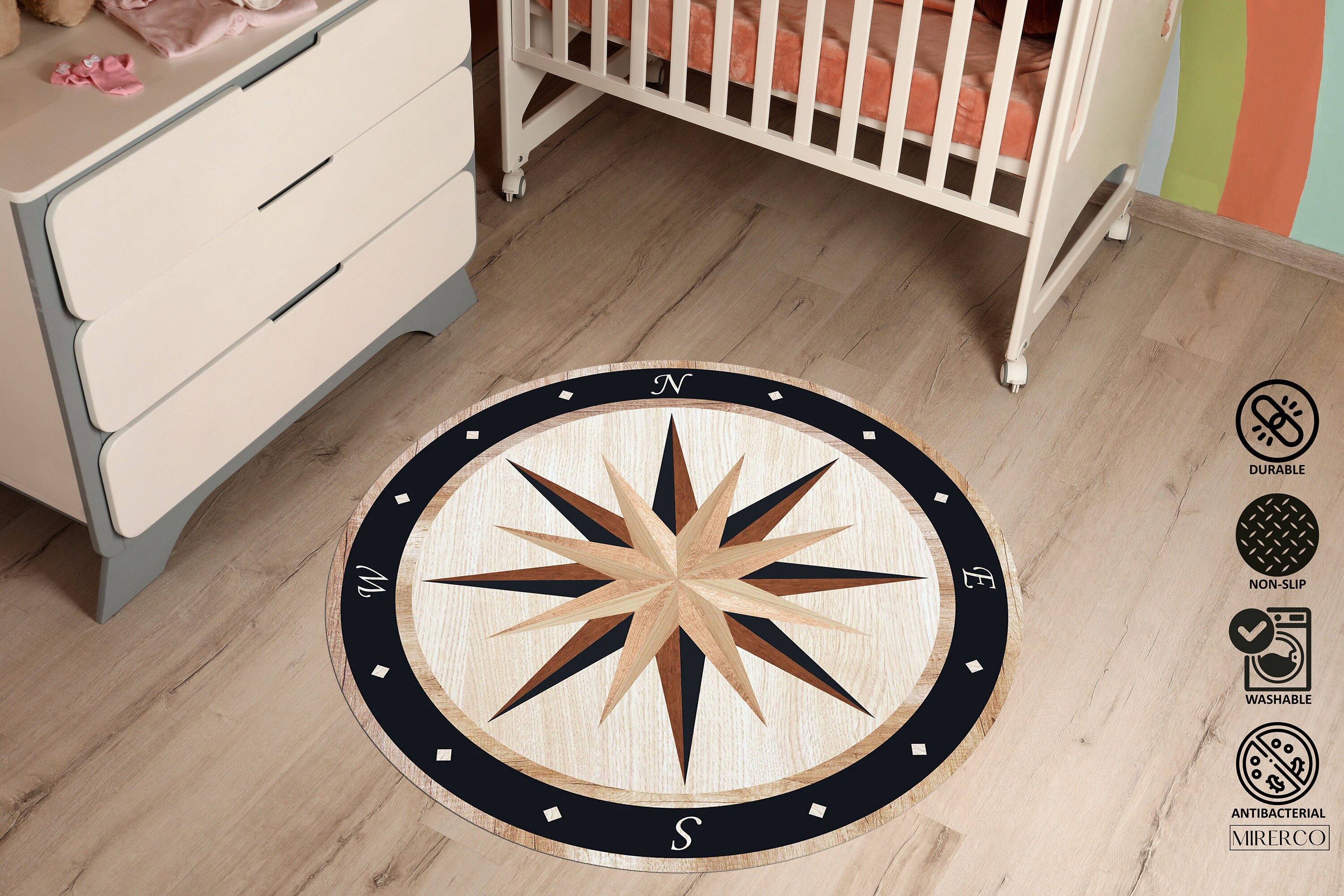 Compass Rose Rug, 3D Compass Rug, Non-slip Floor Area Round Rug ...