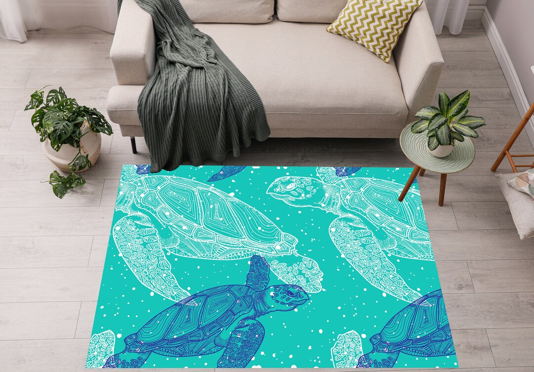 Turtle Rugs, Abstract Sea Turtle Rug, Aqua Area Rugs, Turtles Rug, Cute