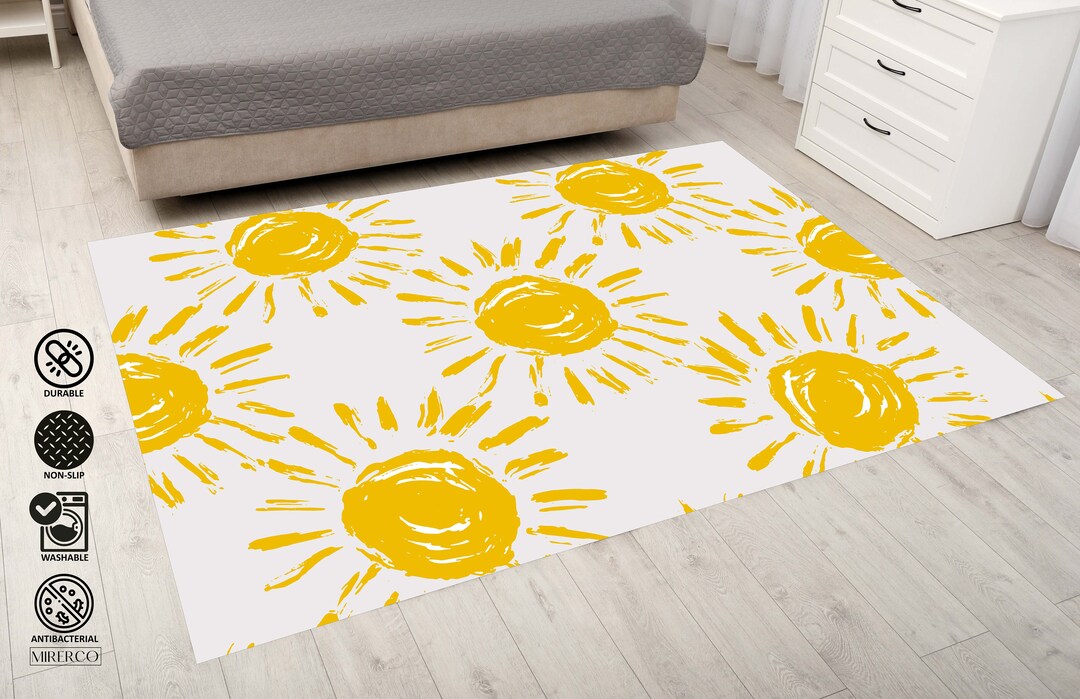 Sunshine Area Rug, Hand Drawn Yellow Doodle Rug, Suns Design Area