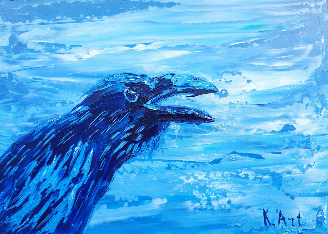 Scary Painting Black Raven Original Mini Blue Oil Painting 7x5 Etsy