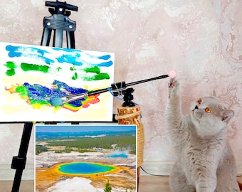 Pintura por animal Arte feita por animais Pintura de gatos Presentes para mães de gatos Pintura feita por presentes para amantes de gatos Arte do Parque Nacional de Yellowstone Arte de Yellowstone