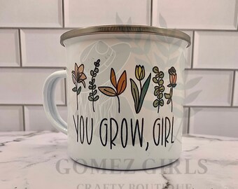 You Grow Girl Enamel Mug, Flower Enamel Mug, Camp Mug, You Grow Girl Flower Camp Enamel Mug