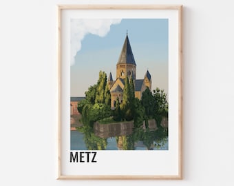 METZ POSTER - Decorative poster of the city of Metz - The Temple Neuf and the garden of Love - Metz city poster