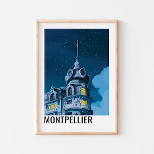 AFFICHE MONTPELLIER, Affiche décorative de la ville de Montpellier, Montpellier place de la comédie, affiche Montpellier la nuit