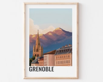 AFFICHE GRENOBLE, Affiche décorative de la ville de Grenoble, Montagne grenoble, paysage grenoblois, Belledonne, Vercors, Chartreuse