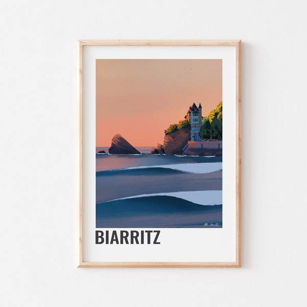 AFFICHE BIARRITZ, Affiche décorative d'un coucher de soleil à Biarritz,  Poster des vagues de Biarritz, Illustration océan pays basque