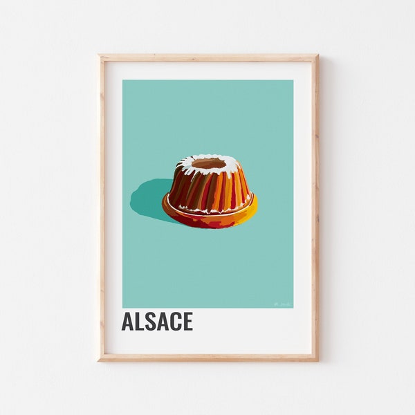 ELSASS-PLAKAT, elsässisches Kouglof-Kuchenplakat, Kougelhopf-Dessert, Elsass-Illustration