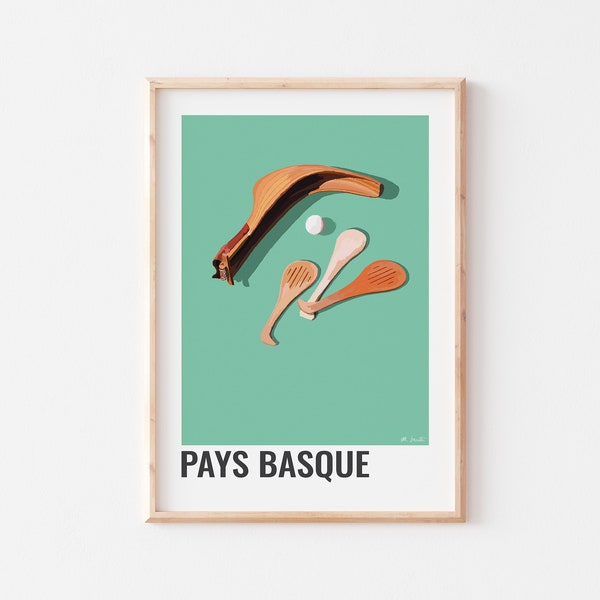 AFFICHE PAYS BASQUE,  Poster basque, Pelot Basque, Jeu de la pelote basque, Illustration de la chistera, Cesta Punta