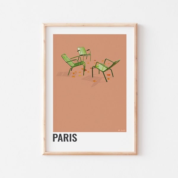 AFFICHE PARIS, Chaises Jardin du luxembourg, Affiche de paris sixième arrondissement dans le quartier du luxembourg