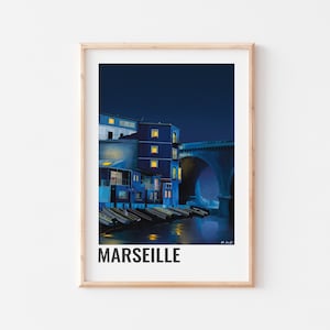 MARSEILLE POSTER, Decorative poster of the Vallon des Auffes, Illustration of a port of Marseille at night