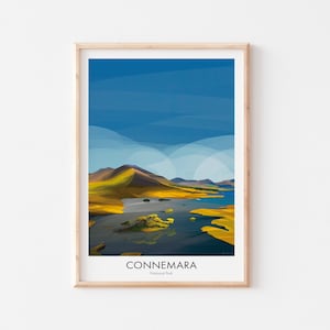Plakat Parku Narodowego Connemara, plakat podróżniczy po Irlandii, druk Galway, grafiki irlandzkie, jezioro Connemara