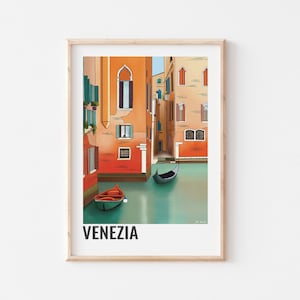 VENICE POSTER, Decorative poster of the city of Venice, Ligne Claire Poster Style, Italy Souvenir, Cartoon Art, Monuments