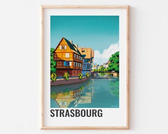 STRASBOURG POSTER, Strasbourg city poster, Strasbourg illustration, Petite France district, Ill River