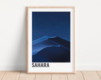 AFFICHE SAHARA, Affiche décorative du désert du Sahara la nuit, Souvenir d'Afrique,  Art de bande dessinée, Illustrations de dunes la nuit