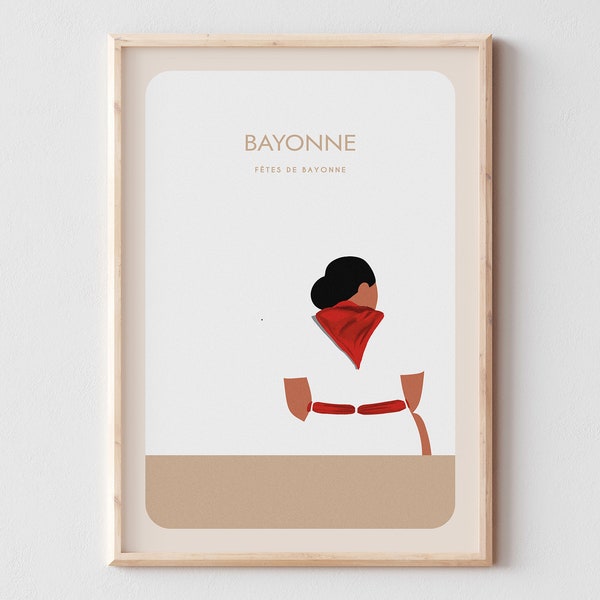 AFFICHE MINIMALISTE BAYONNE, Affiche décorative des Fêtes de Bayonne et le foulard rouge, Poster du panuelo, Affiche minimaliste