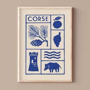 CARTEL DE CÓRCEGA, Póster decorativo minimalista en estilo linograbado, Clementina, pino marítimo, isla de la belleza, torre genovesa, jabalí