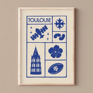 AFFICHE TOULOUSE, Affiche minimaliste linogravure, Cité de l’espace,Croix occitane, Saint-Sernin, stade toulousain, violette, cassoulet