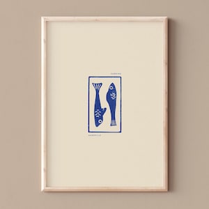 POSTER DI MARSIGLIA, Manifesto decorativo minimalista, Sardine, Gabian, cicala, linoleografia, rosmarino, ulivo, mare, insenature, bouillabaisse