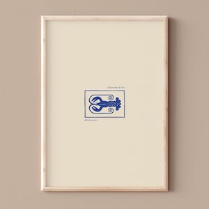 CARTEL DE BRETAÑA, Póster decorativo minimalista en estilo linograbado, LANGOSTA azul, armiño, kouign amann, hortensia, faro, mar de Bretaña