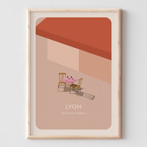 AFFICHE MINIMALISTE LYON - Bouchon lyonnais - Affiche restaurant lyon - Ville de lyon - Poster typique bouchons lyonnais -