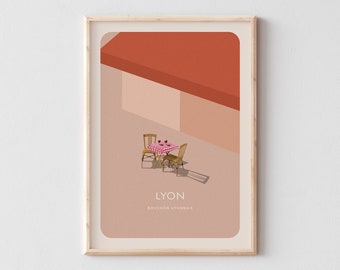 AFFICHE MINIMALISTE LYON - Bouchon lyonnais - Affiche restaurant lyon - Ville de lyon - Poster typique bouchons lyonnais -