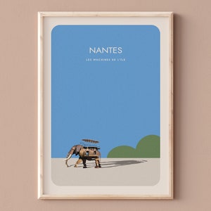 CARTEL MINIMALISTA NANTES, Cartel decorativo del gran elefante de Las Máquinas de la Isla, Historia industrial de Nantes, Julio Verne