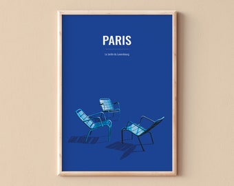 PARIS - Luxembourg garden chairs - Paris travel print - Paris 6th arrondissement poster, Paris retro poster- Luxembourg district