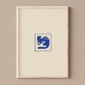 CARTEL DE BRETAÑA, Póster decorativo minimalista en estilo linograbado, HERMINE, kouign amann, hortensia, faro, langosta azul, mar de Bretaña