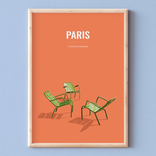 AFFICHE PARIS, Chaises Jardin du luxembourg, Affiche de paris sixième arrondissement dans le quartier du luxembourg