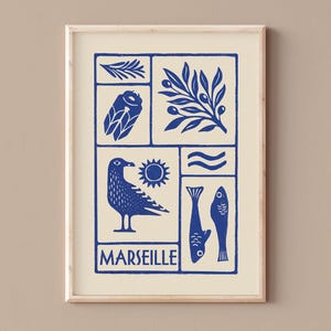 CARTEL DE MARSELLA, Cartel decorativo minimalista, Gabian, jabón de Marsella, linograbado, romero, olivo, mar, calas, bullabesas