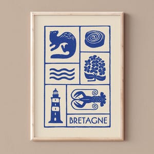CARTEL DE BRETAÑA, Póster decorativo minimalista en estilo linograbado, armiño, kouign amann, hortensia, faro, langosta azul, mar de Bretaña
