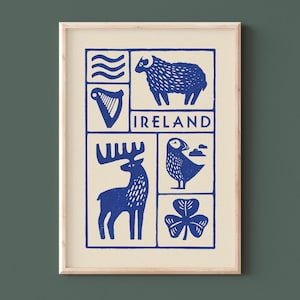 Plakat w stylu linorytu przedstawiający Irlandię, plakat podróżniczy, irlandzkie grafiki, irlandzkie owce, koniczyna, Guinness