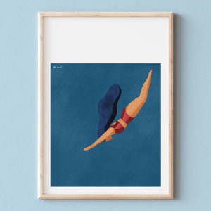 MANIFESTO DI MARSIGLIA, Manifesto decorativo di una nuotatrice, Manifesto di immersioni, Manifesto del Mar Mediterraneo, donna che si immerge, Manifesto di Marsiglia
