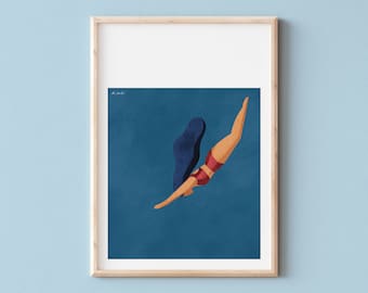 AFFICHE MARSEILLE, Affiche décorative d'une nageuse, Affiche plongeon, Affiche mer méditerranée, femme plonge, affiche marseillaise