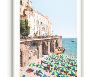 Italien Amalfi Druck | Küstenschirme Fotografie | Vintage Folienoptik