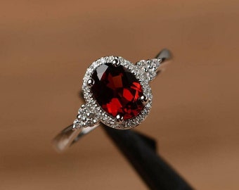14k White Gold Plated 2 Ct Oval Cut Lab Created Red Garnet Halo Engagement Ring