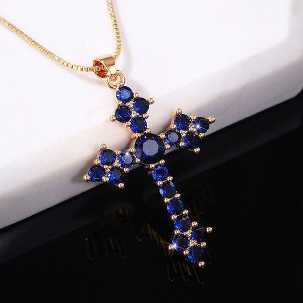 2.00 Ct Round Cut Blue Sapphire Cross Shape Wedding Women's Pendant 14k Yellow Gold Finish