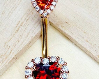 14K Yellow Gold Finish Ruby Diamond Piercing Navel Belly Button Ring Heart Barbell