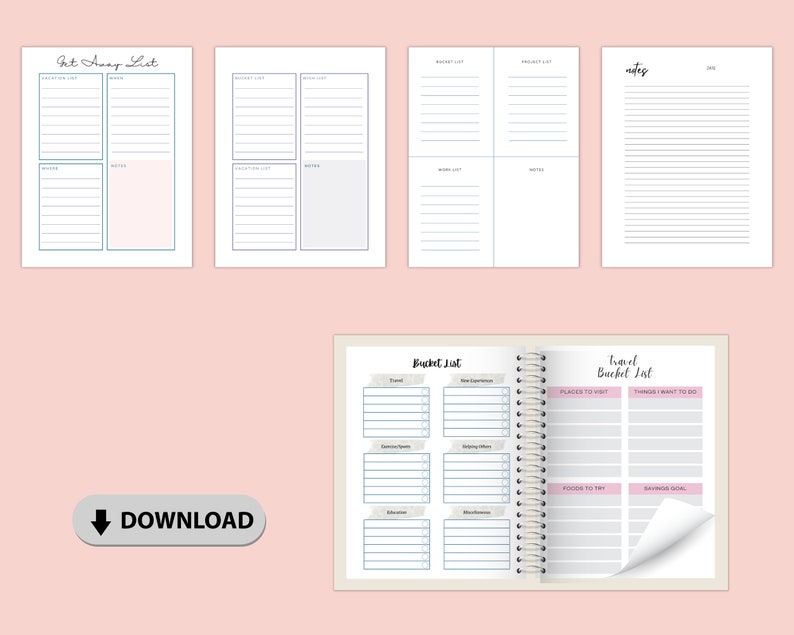 Bucket List Journal, Travel & Life Goals Planner, Digital PDF, US Letter A4 A5 Classic image 7