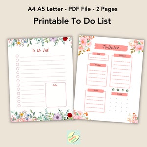 To Do-Liste Digital, To Do-Liste, To Do-Listenvorlage, To Do-Liste zum Ausdrucken, Florale To-Do-Liste, Aufgabenliste, Buchstabe A4 A5, Sofort-Download PDF