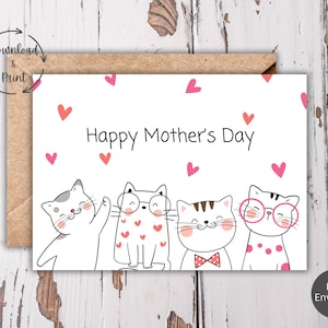 Carte de fête des mères de chats mignons, carte de voeux numérique pour les mamans chats et les amoureux des chats, carte de fête des mères imprimable, téléchargement immédiat Pdf