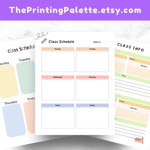 Three planner pages displayed side by side, showing a class schedule layout with weekday sections and a class information page with labeled boxes and lines in soft pastel colors
